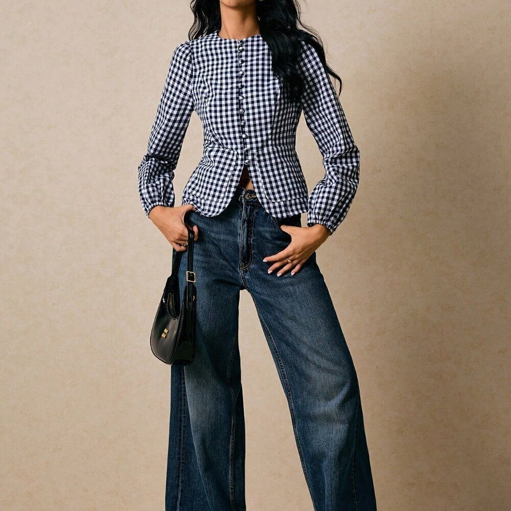 Black And White Casual Women's Versatile Plaid Waist Cinched Long Sleeve Fitted